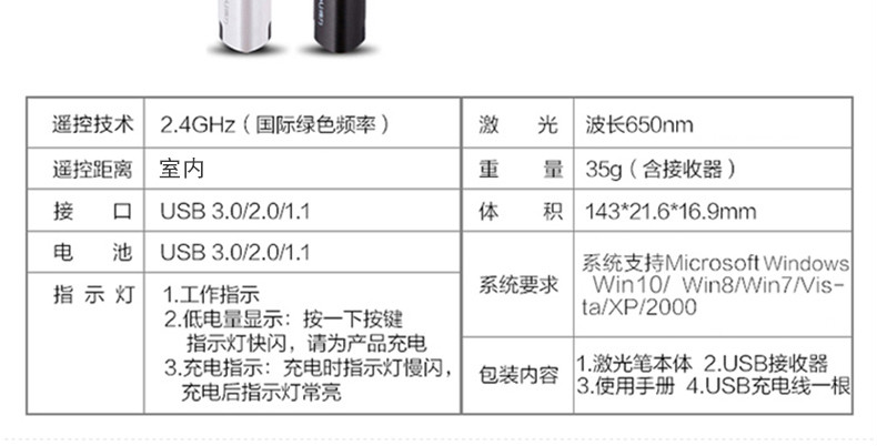 得力PPT翻頁筆100米激光筆鋰電池充電3R類教學筆上課教學TM2801 黑色TM2801
